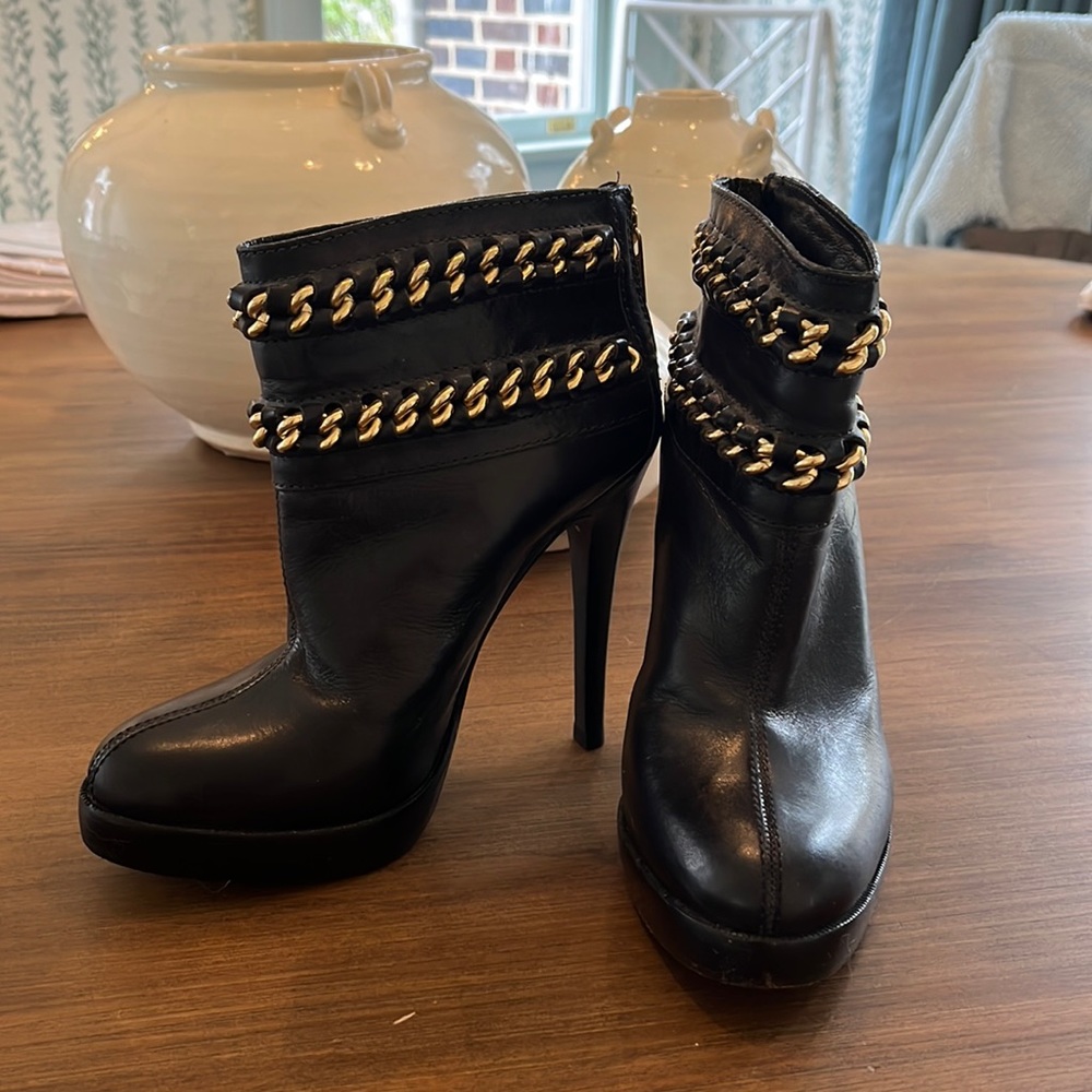 Size 6 Tory Burch Black Leather Stiletto Booties with Gold Detail